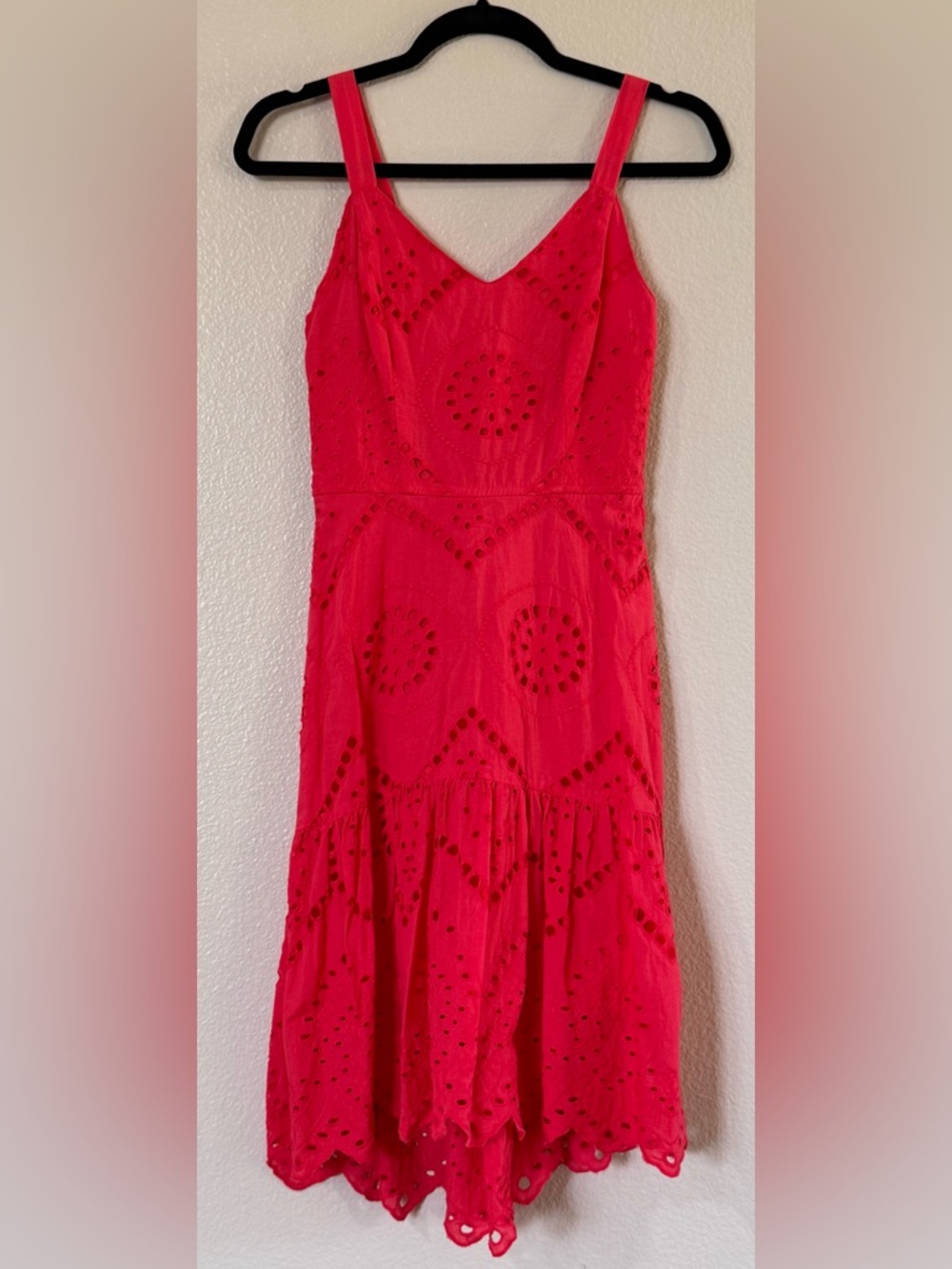 Japna Vibrant Coral Pink Eyelet High-Low Tiered Midi Dress - Size S